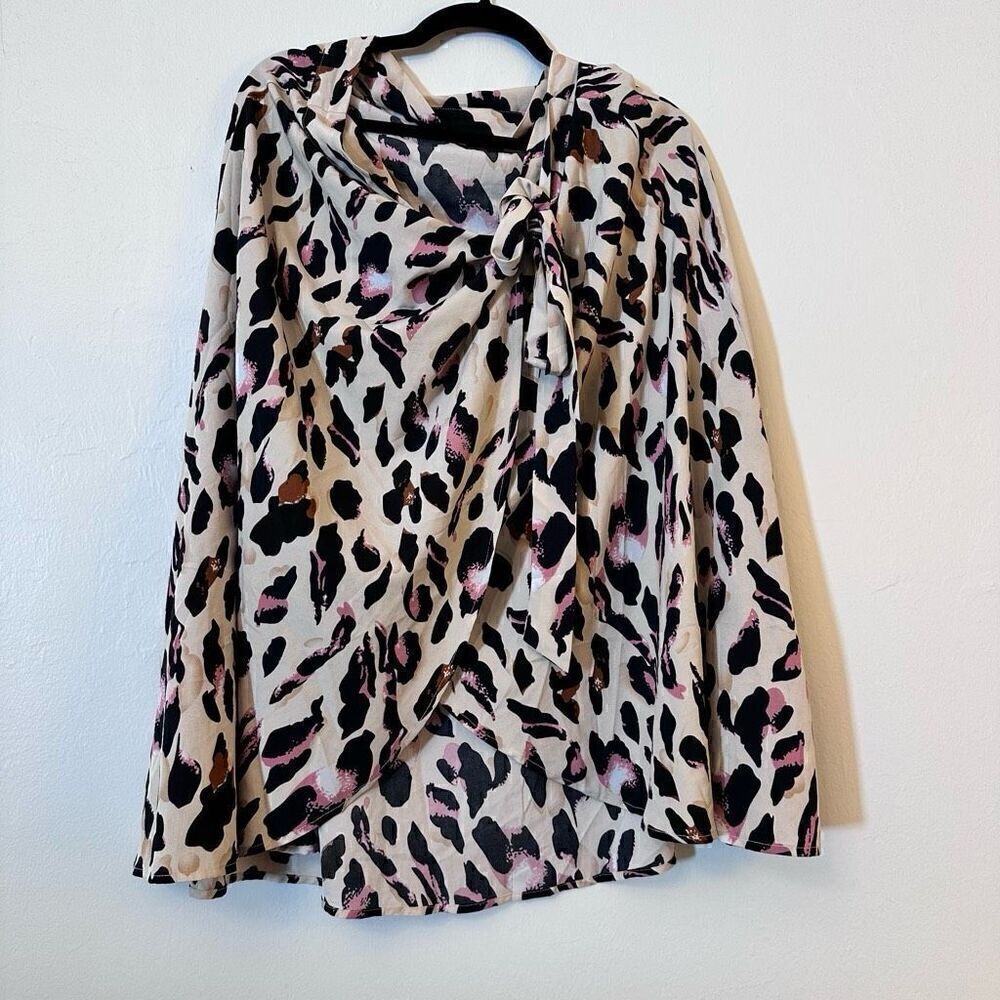 New Choice Womens Long Sleeve Neck Tie Leopard Blouse Relaxed Pink Brown Black L
